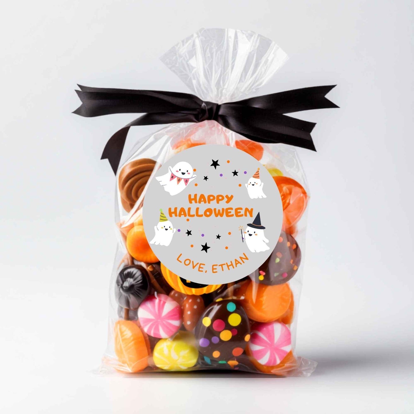 Personalized Festive Ghost Halloween Stickers, Custom Kids School Classroom Party Favor Gift Bag Labels