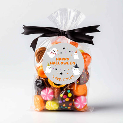 Personalized Festive Ghost Halloween Stickers, Custom Kids School Classroom Party Favor Gift Bag Labels