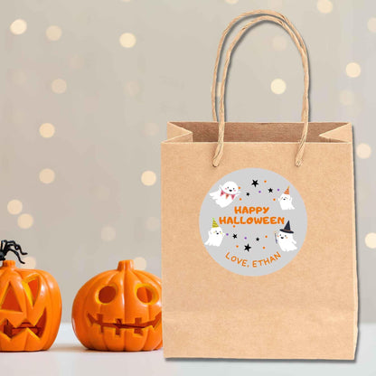 Personalized Festive Ghost Halloween Stickers, Custom Kids School Classroom Party Favor Gift Bag Labels
