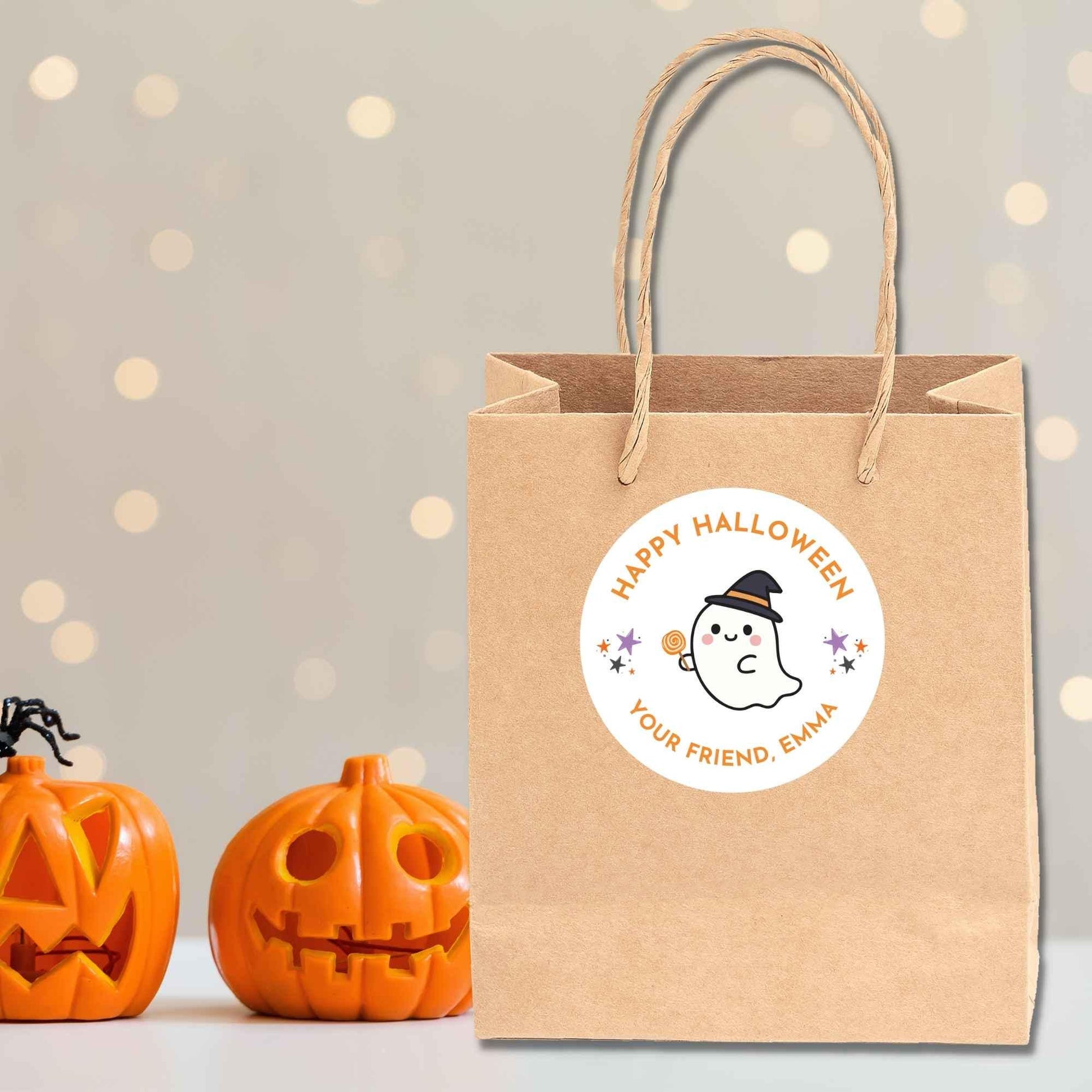 Personalized Ghost Witch Happy Halloween Stickers, Custom Kids School Classroom Party Favor Gift Bag Labels