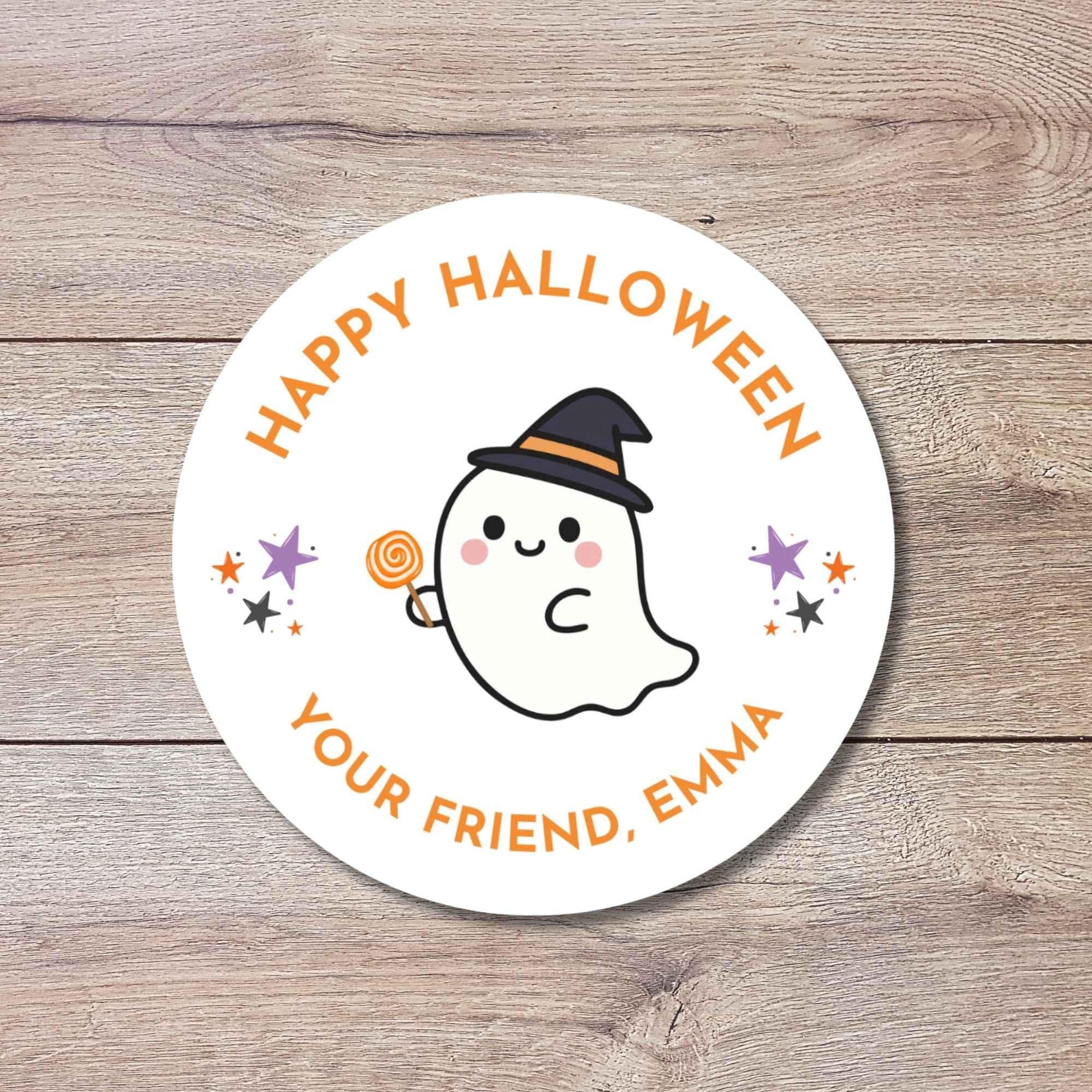 Personalized Ghost Witch Happy Halloween Stickers, Custom Kids School Classroom Party Favor Gift Bag Labels