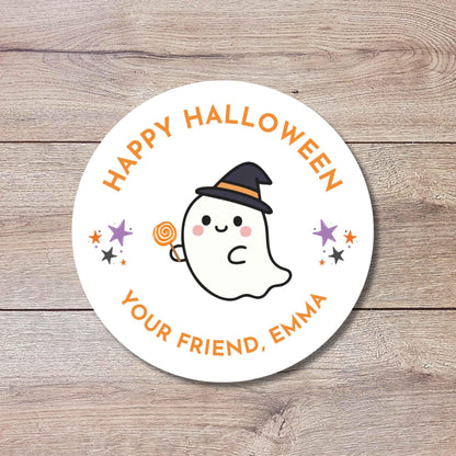 Personalized Ghost Witch Happy Halloween Stickers, Custom Kids School Classroom Party Favor Gift Bag Labels
