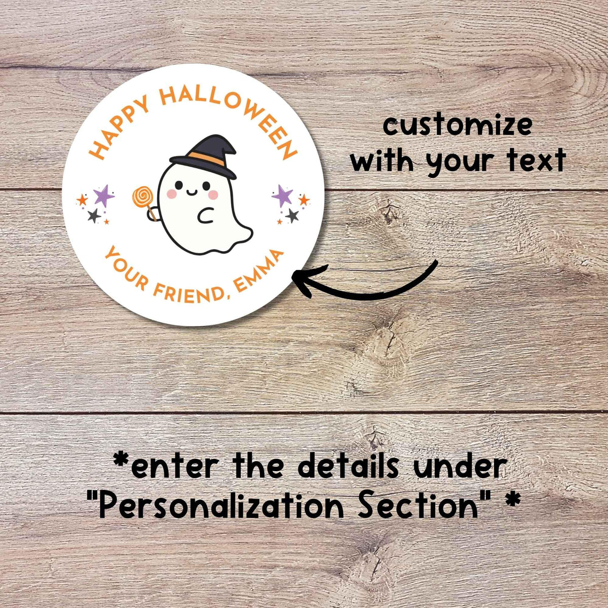 Personalized Ghost Witch Happy Halloween Stickers, Custom Kids School Classroom Party Favor Gift Bag Labels