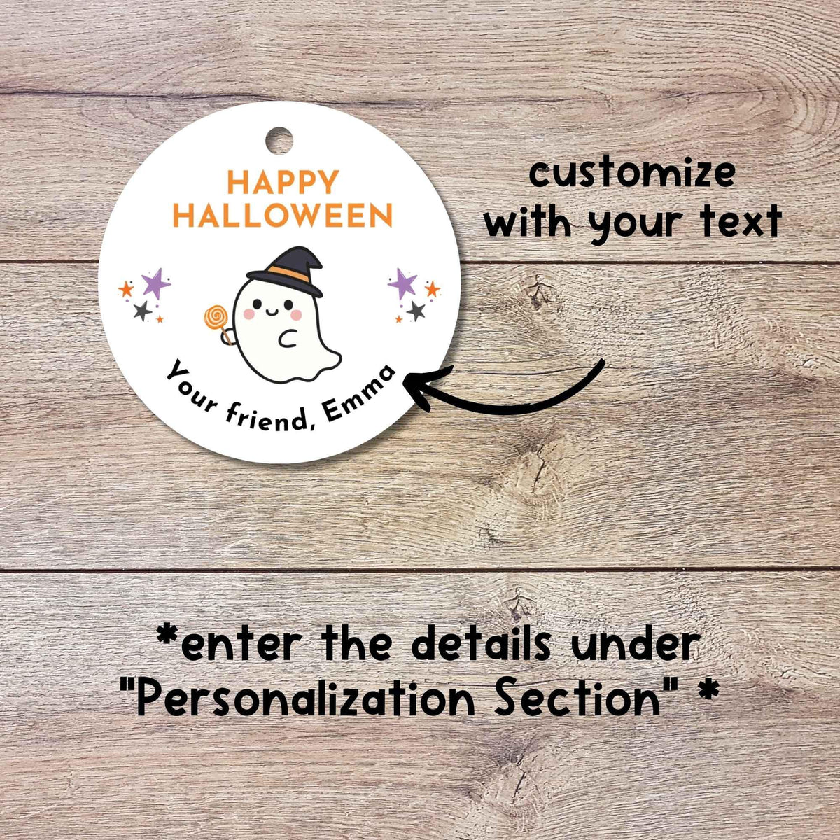 Personalized Ghost Witch Happy Halloween Gift Tags, Custom Kids School Classroom Party Favor Gift Labels