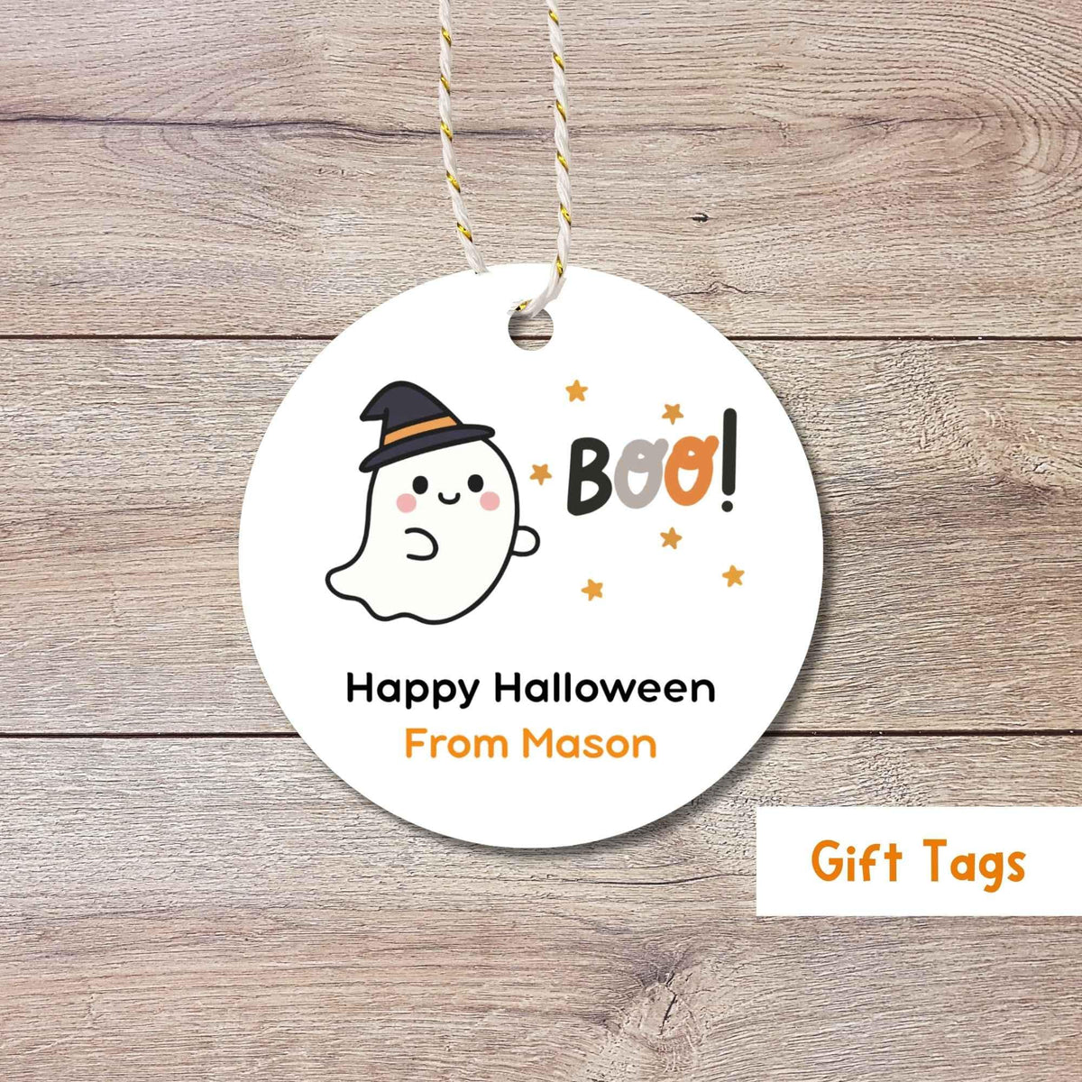 Personalized Boo Ghost Witch Happy Halloween Gift Tags, Custom Kids School Classroom Party Favor Gift Labels