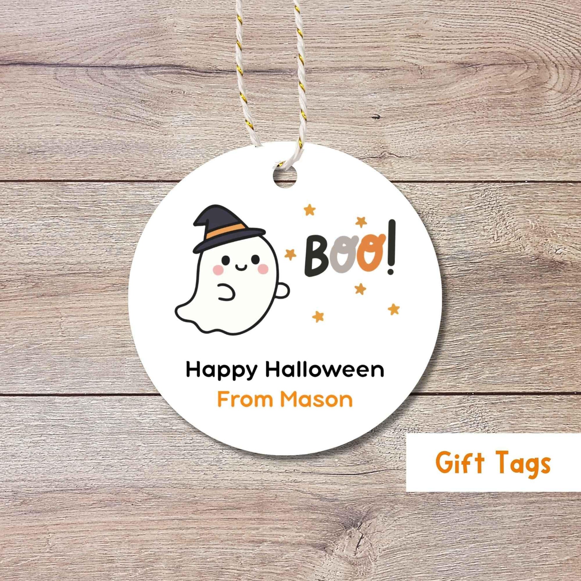 Personalized Boo Ghost Witch Happy Halloween Gift Tags, Custom Kids School Classroom Party Favor Gift Labels