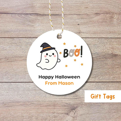 Personalized Boo Ghost Witch Happy Halloween Gift Tags, Custom Kids School Classroom Party Favor Gift Labels