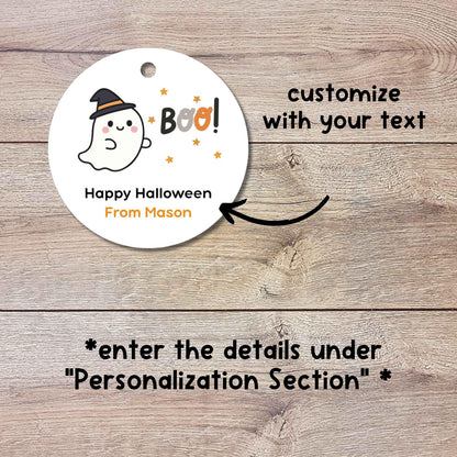 Personalized Boo Ghost Witch Happy Halloween Gift Tags, Custom Kids School Classroom Party Favor Gift Labels