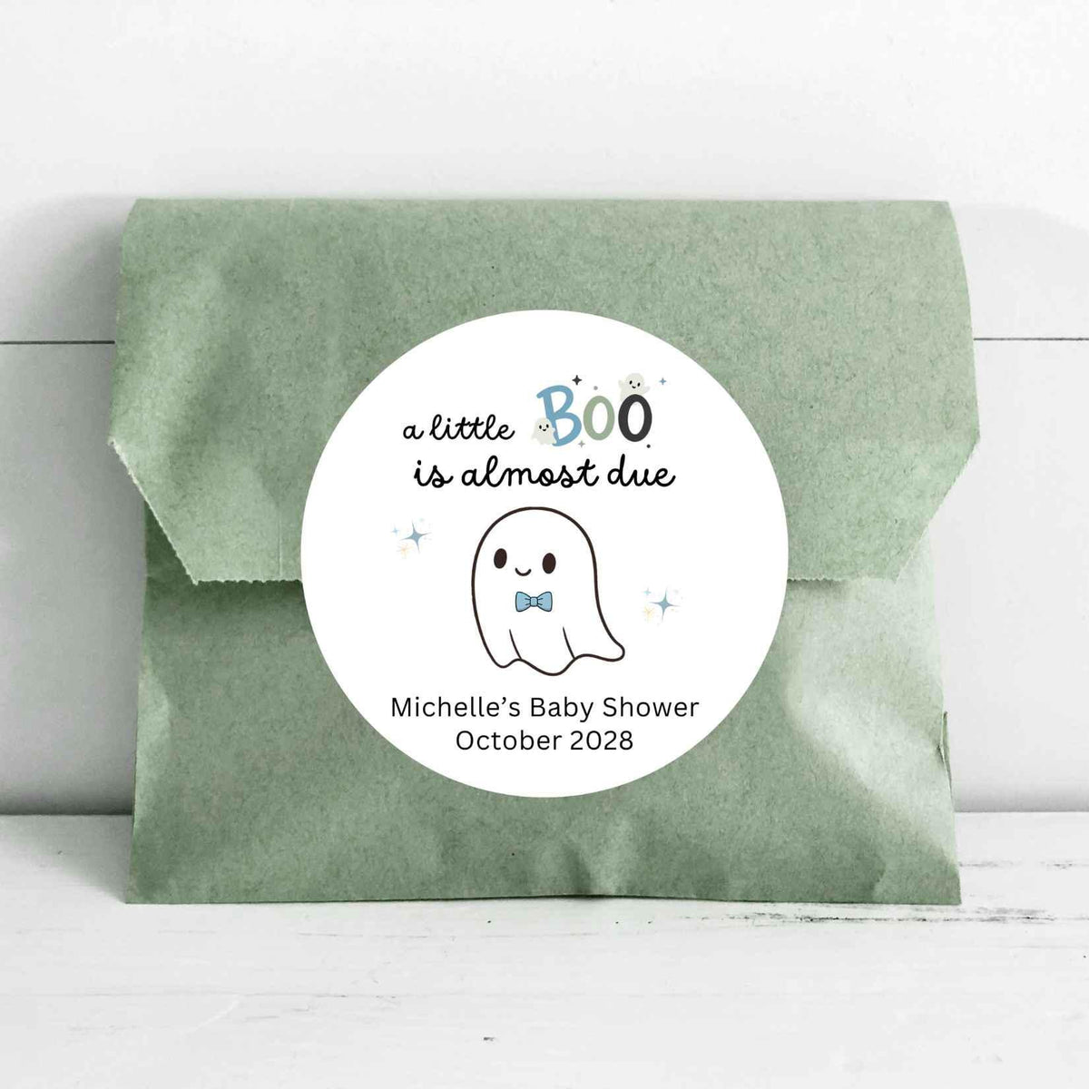 Personalized A Little Boo is Almost Due Baby Shower Stickers, Custom Halloween Ghost Thank You Party Favor Gift Labels