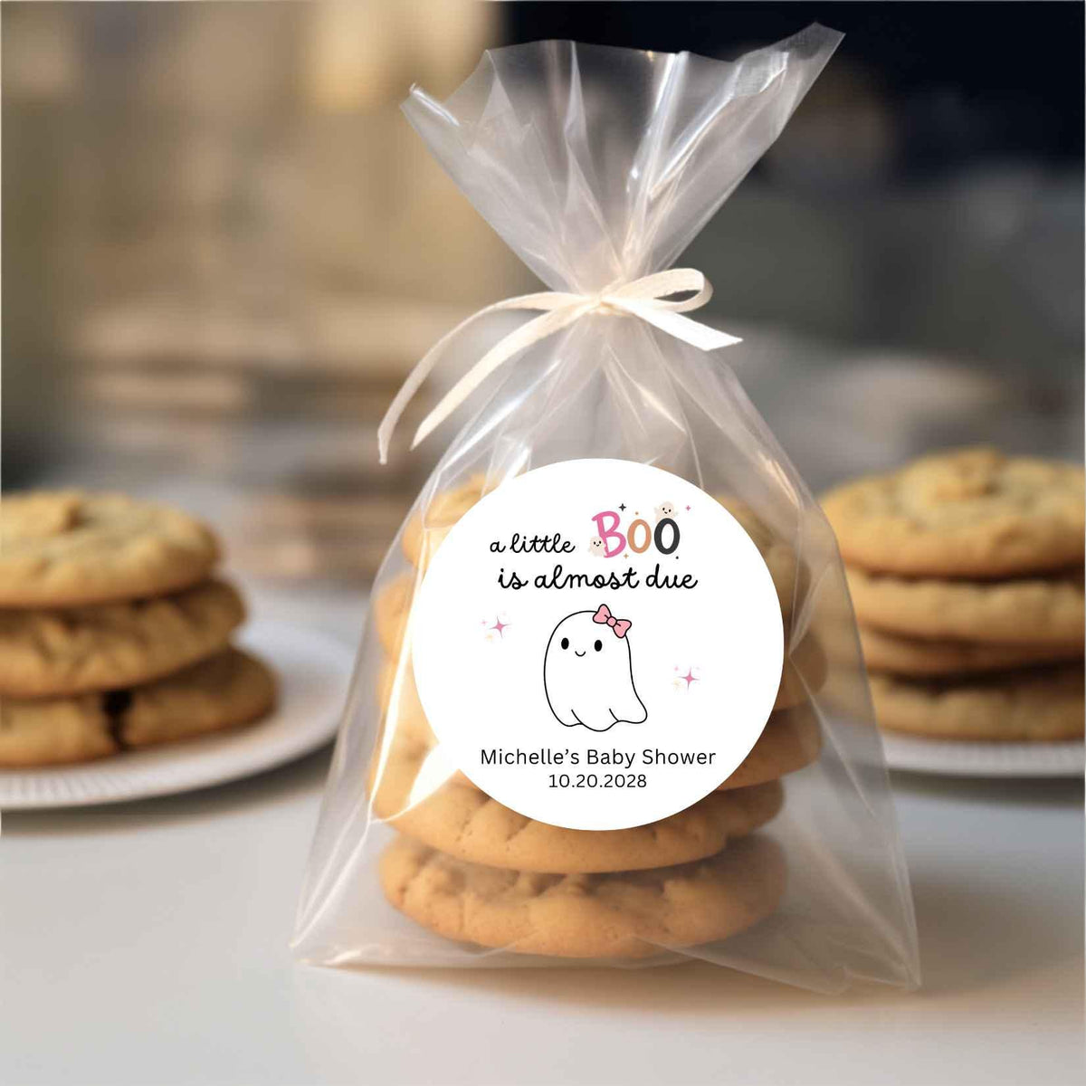 Personalized A Little Boo is Almost Due Baby Shower Stickers, Custom Halloween Ghost Thank You Party Favor Gift Labels