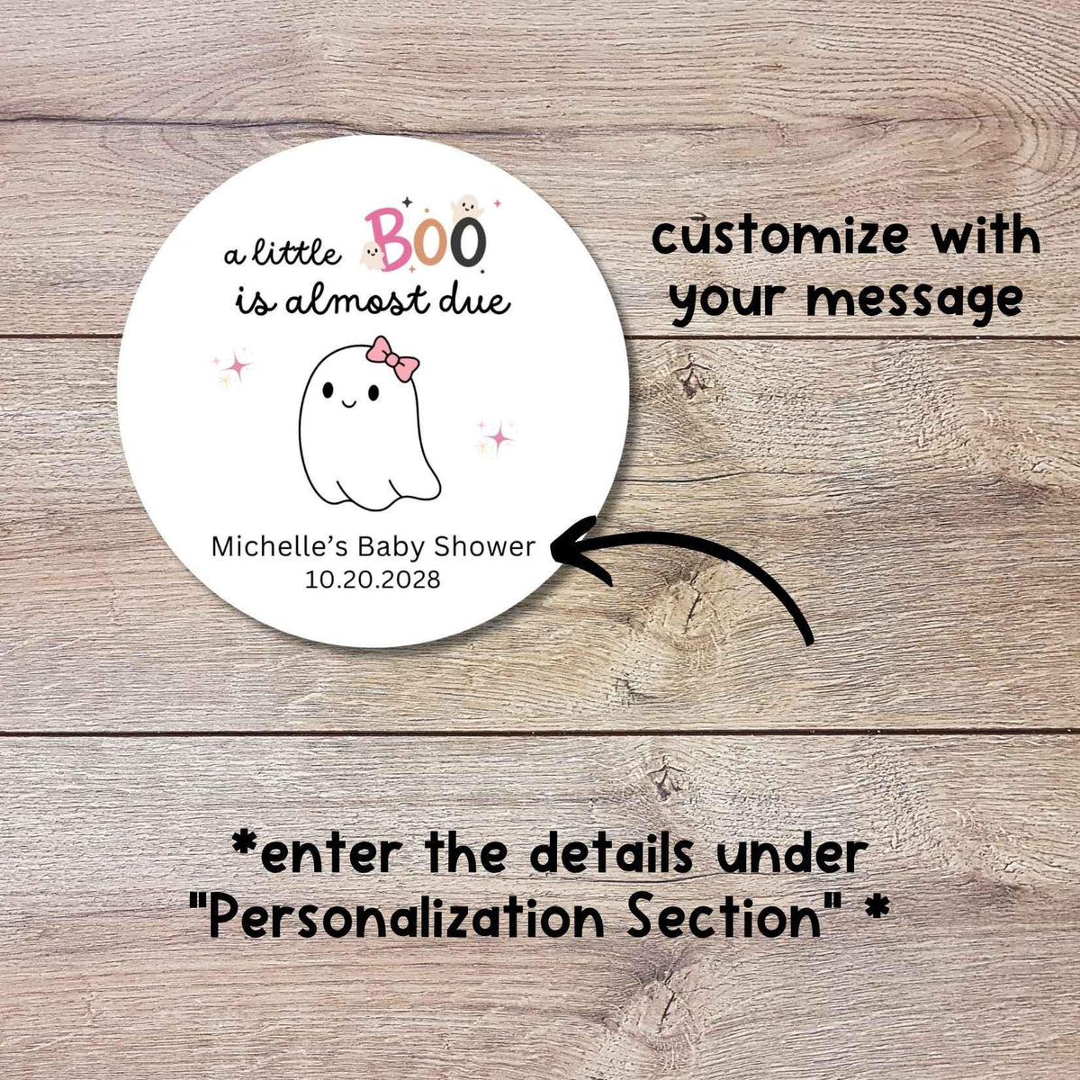 Personalized A Little Boo is Almost Due Baby Shower Stickers, Custom Halloween Ghost Thank You Party Favor Gift Labels