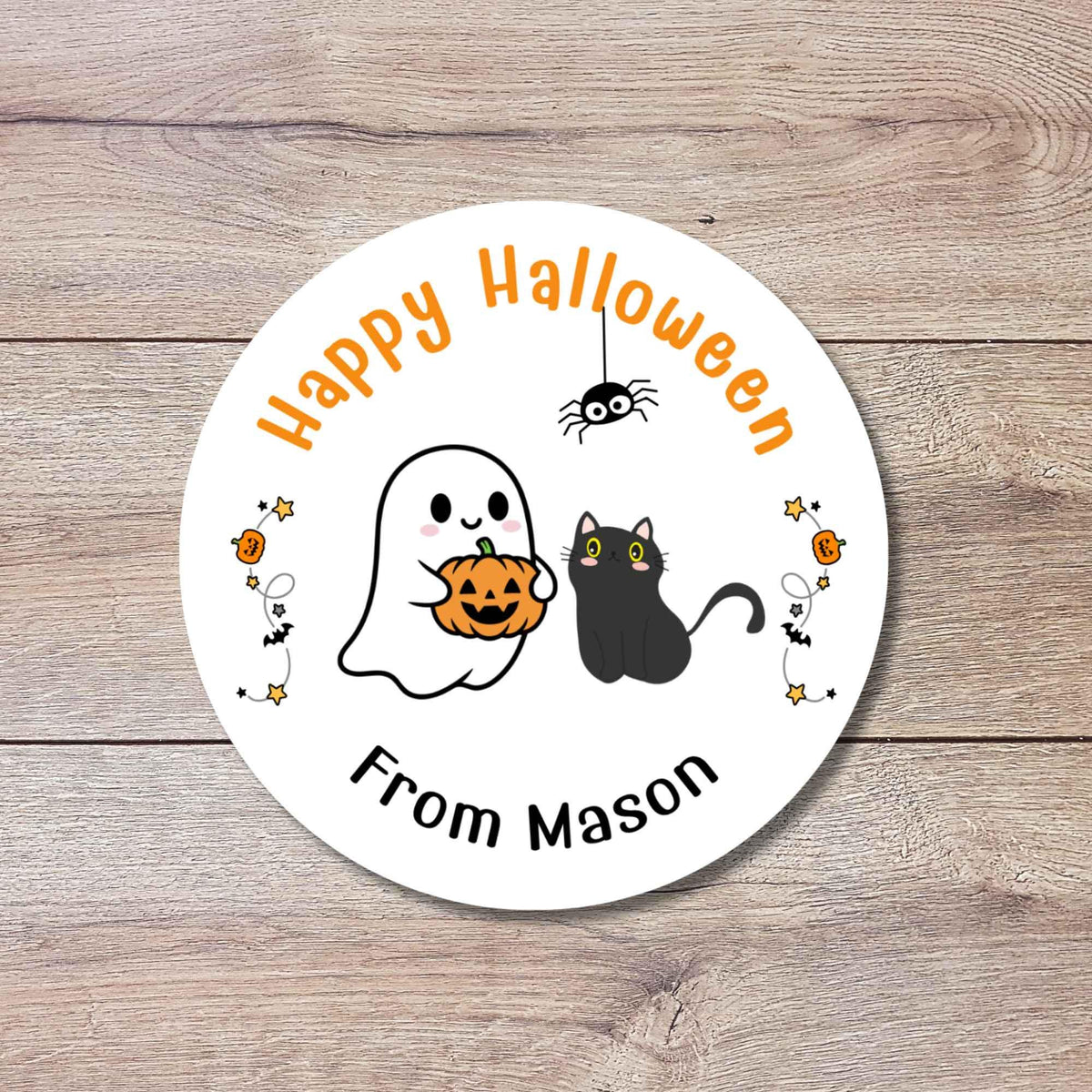 Personalized Ghost Cat and Pumpkin Happy Halloween Stickers, Custom Kids School Classroom Party Favor Gift Bag Labels
