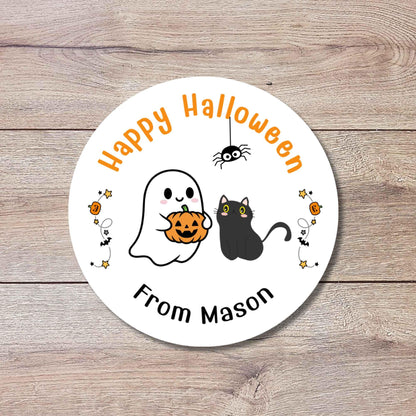 Personalized Ghost Cat and Pumpkin Happy Halloween Stickers, Custom Kids School Classroom Party Favor Gift Bag Labels