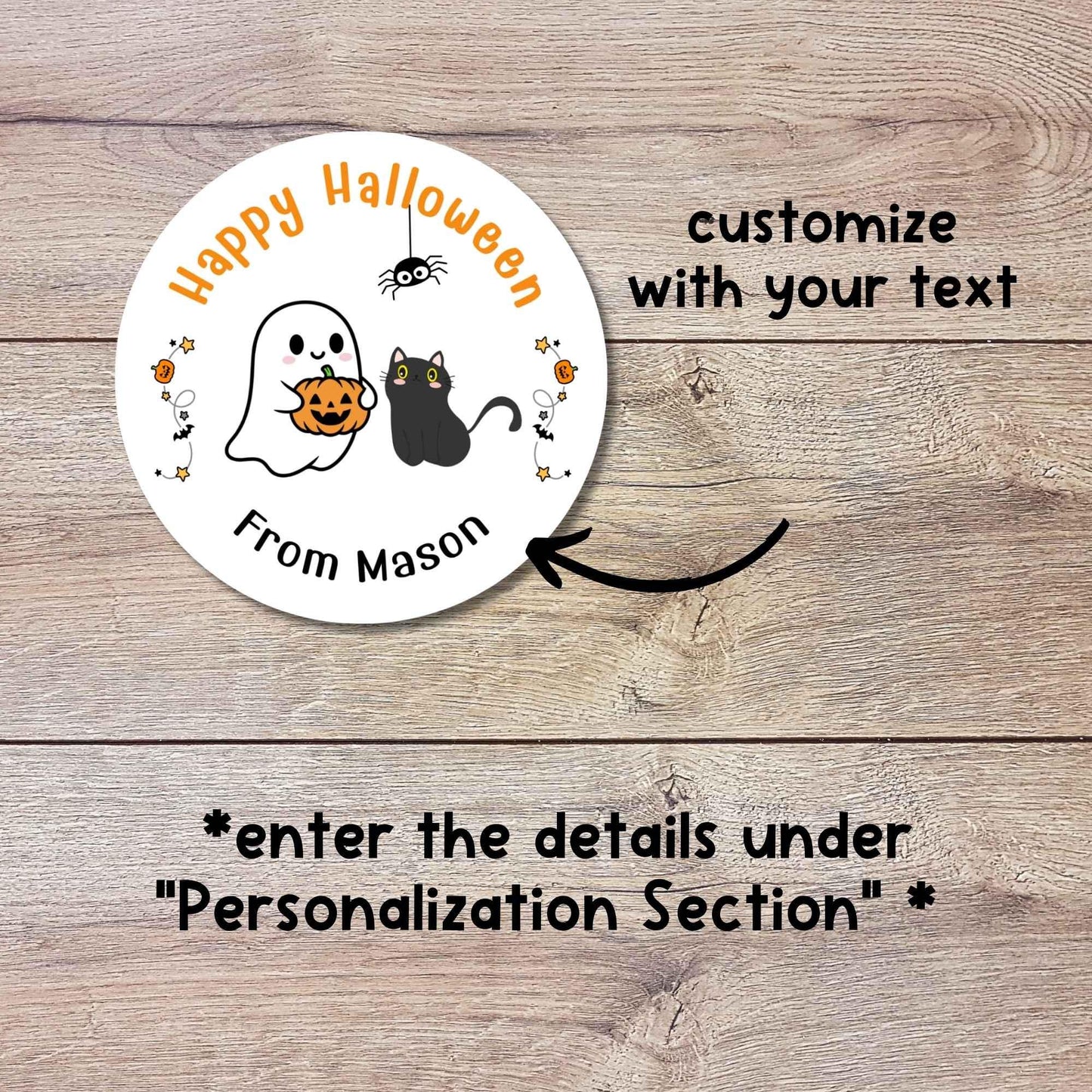 Personalized Ghost Cat and Pumpkin Happy Halloween Stickers, Custom Kids School Classroom Party Favor Gift Bag Labels