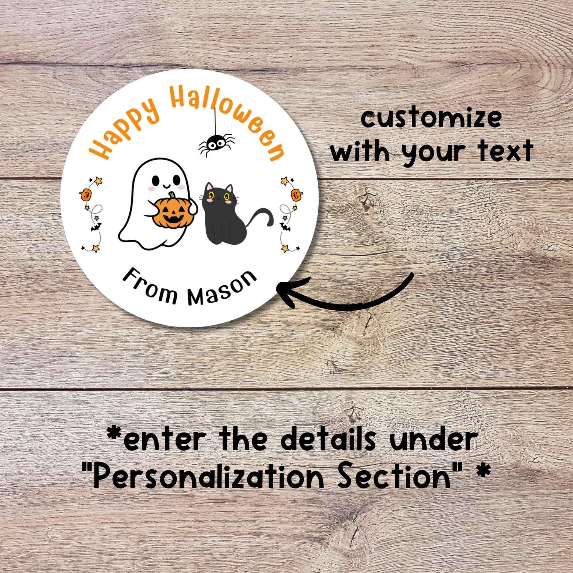 Personalized Ghost Cat and Pumpkin Happy Halloween Stickers, Custom Kids School Classroom Party Favor Gift Bag Labels