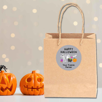 Personalized Ghost Skeleton and Pumpkin Happy Halloween Stickers, Custom Kids School Classroom Party Favor Gift Bag Labels