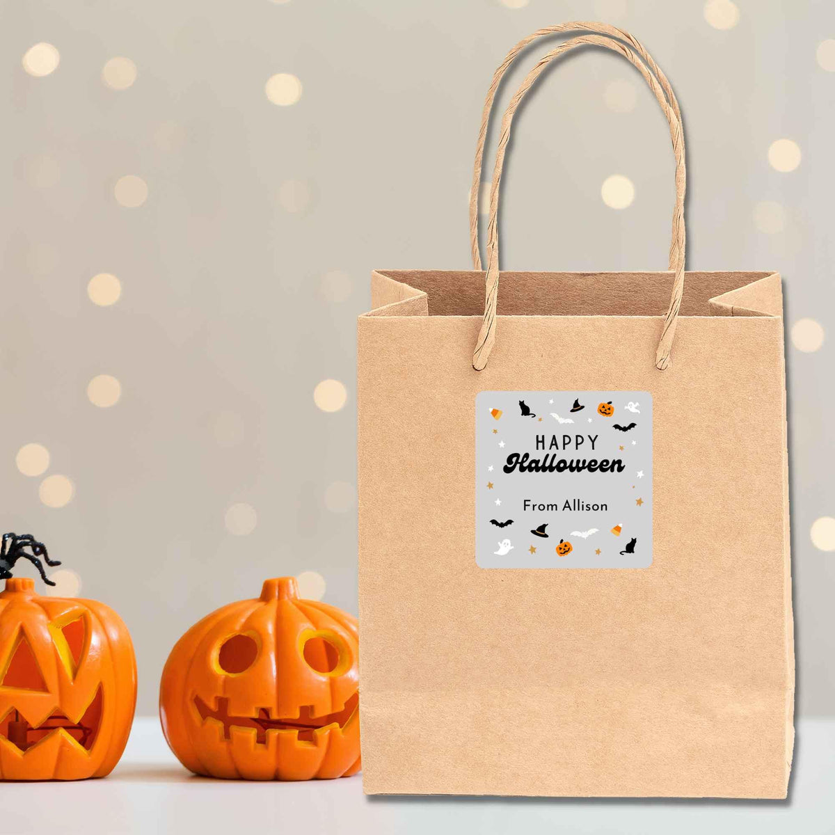Personalized Happy Halloween Square Stickers, Custom Printed Labels for Kids’ Classroom Party Goody Bags, Trick or Treat Event