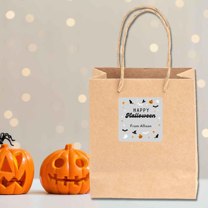 Personalized Happy Halloween Square Stickers, Custom Printed Labels for Kids’ Classroom Party Goody Bags, Trick or Treat Event