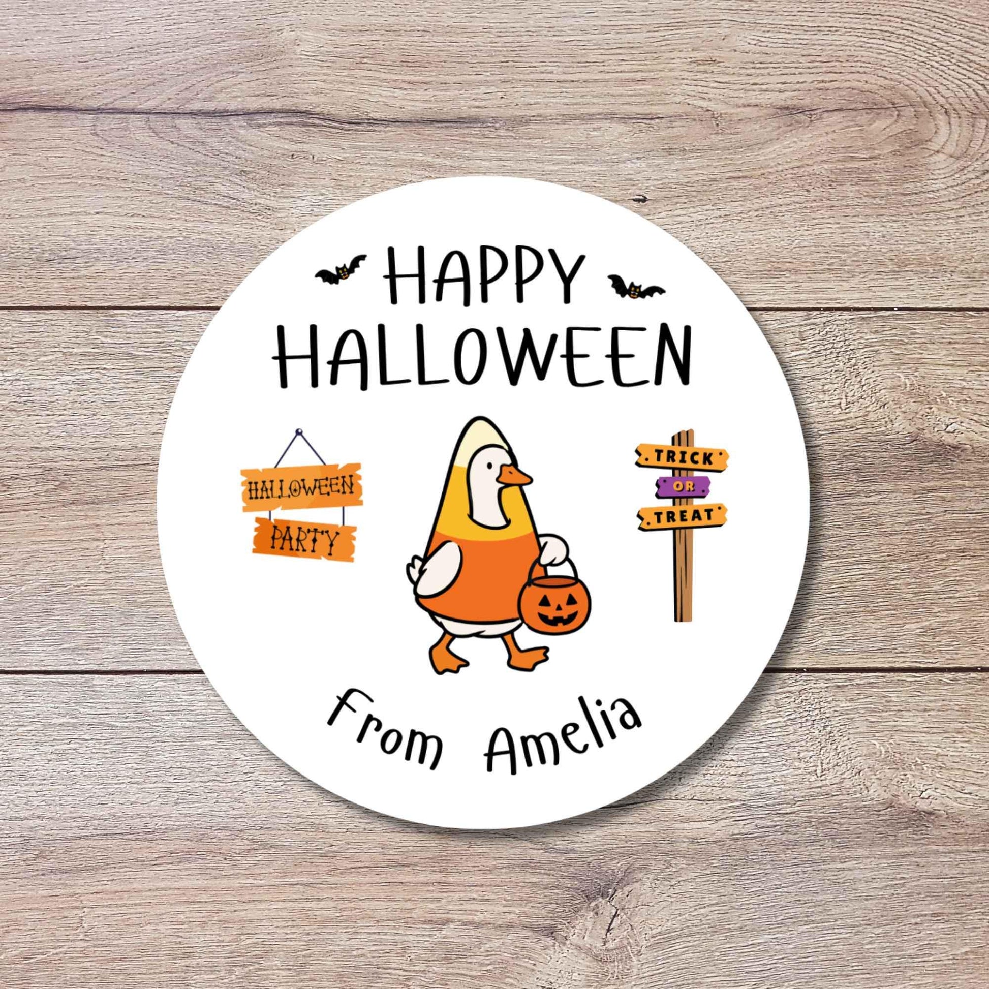 Personalized Halloween Goose in Candy Corn Costume Stickers, Custom Kids School Classroom Party Favor Gift Bag Labels