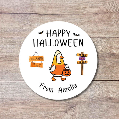 Personalized Halloween Goose in Candy Corn Costume Stickers, Custom Kids School Classroom Party Favor Gift Bag Labels