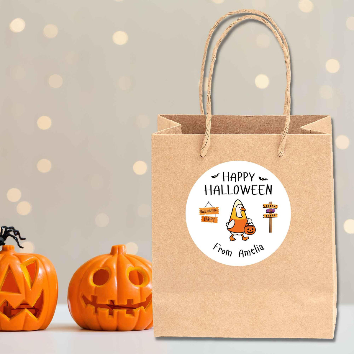 Personalized Halloween Goose in Candy Corn Costume Stickers, Custom Kids School Classroom Party Favor Gift Bag Labels