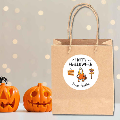 Personalized Halloween Goose in Candy Corn Costume Stickers, Custom Kids School Classroom Party Favor Gift Bag Labels