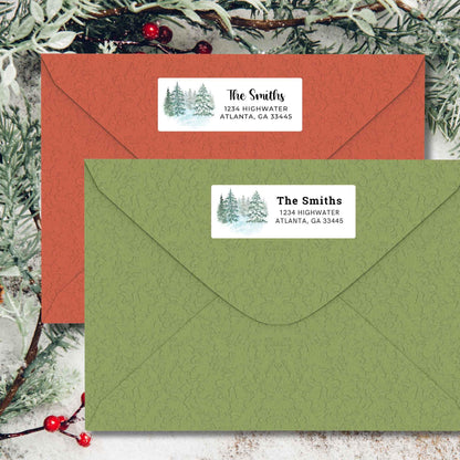 Personalized Green Pine Trees Christmas Return Address Stickers, Custom Holiday Name Gift Bag Labels