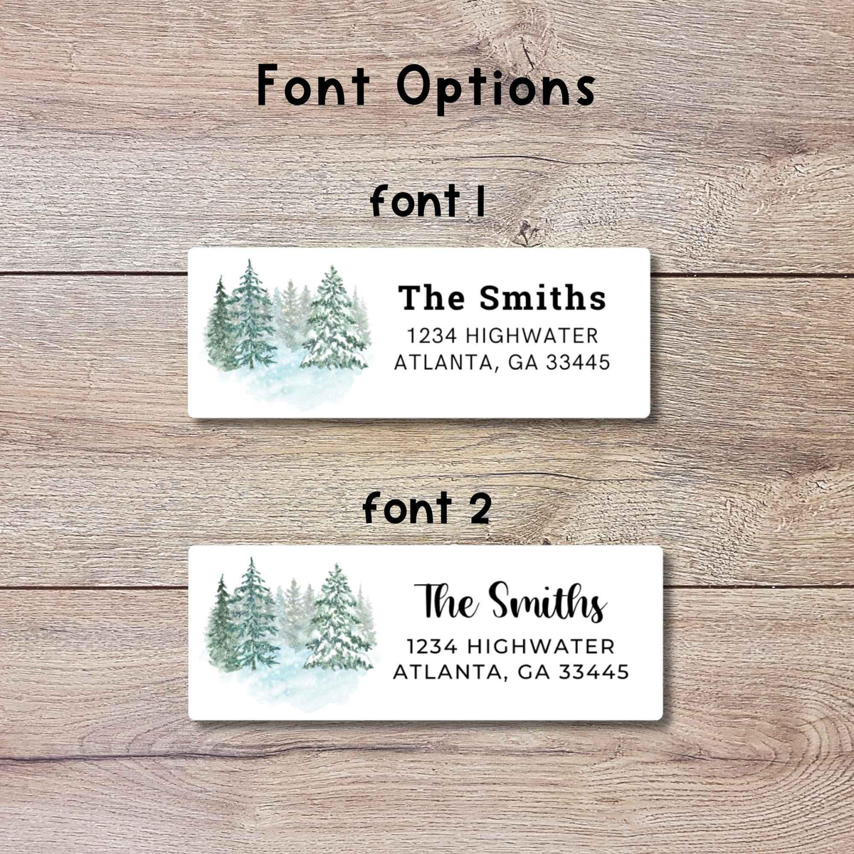 Personalized Green Pine Trees Christmas Return Address Stickers, Custom Holiday Name Gift Bag Labels