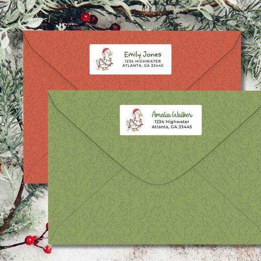 Personalized Christmas Goose and Lights Return Address Stickers, Custom Holiday Name Gift Bag Labels