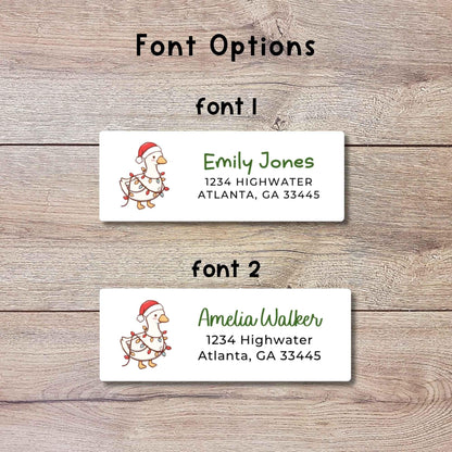 Personalized Christmas Goose and Lights Return Address Stickers, Custom Holiday Name Gift Bag Labels
