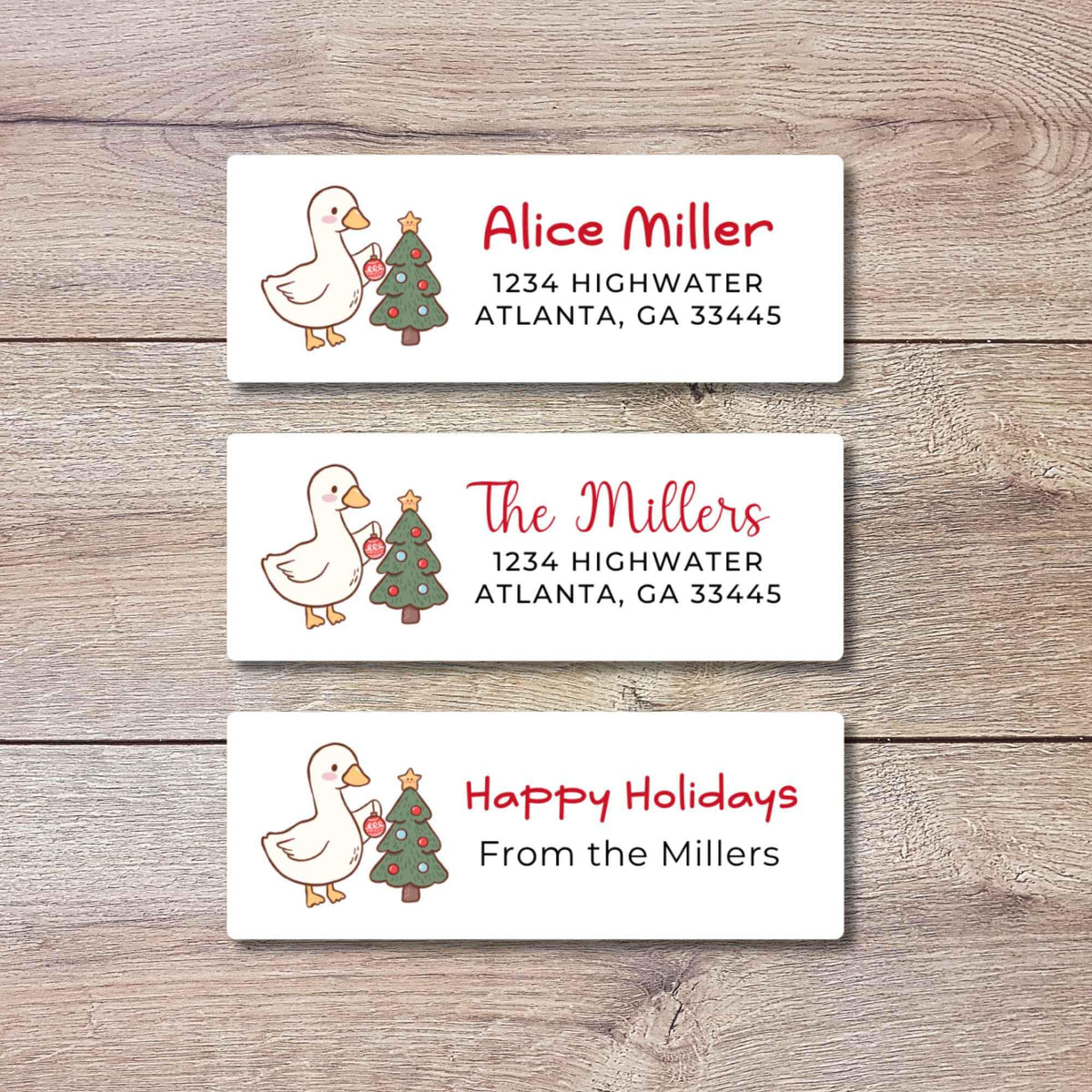 Personalized Goose and Christmas Tree Return Address Stickers, Custom Holiday Name Gift Bag Labels