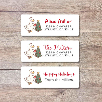 Personalized Goose and Christmas Tree Return Address Stickers, Custom Holiday Name Gift Bag Labels