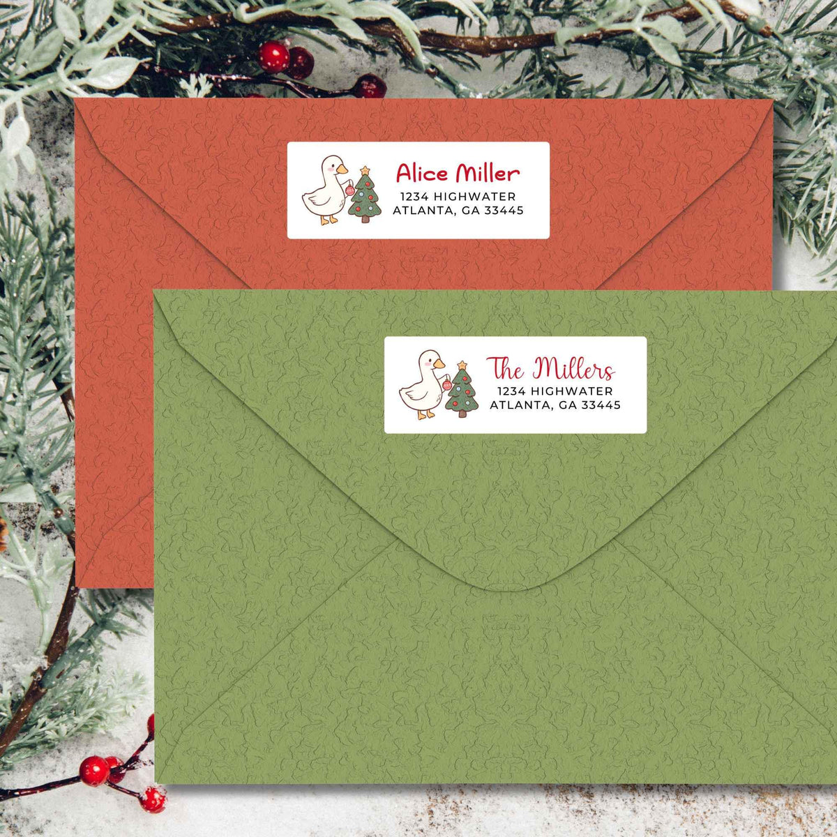 Personalized Goose and Christmas Tree Return Address Stickers, Custom Holiday Name Gift Bag Labels