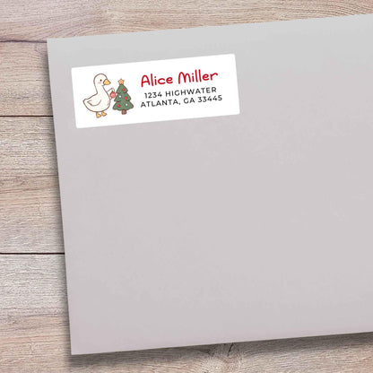 Personalized Goose and Christmas Tree Return Address Stickers, Custom Holiday Name Gift Bag Labels