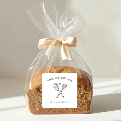 Personalized Baked with Love Square Stickers, Custom Homemade Baking Small Business Bakery Packaging Labels