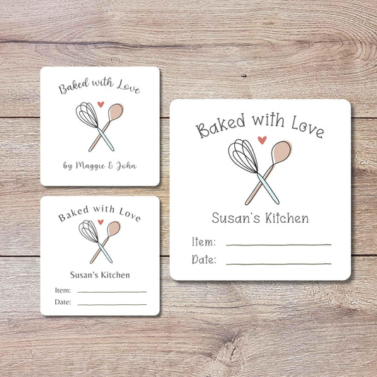 Personalized Baked with Love Square Stickers, Custom Homemade Baking Small Business Bakery Packaging Labels