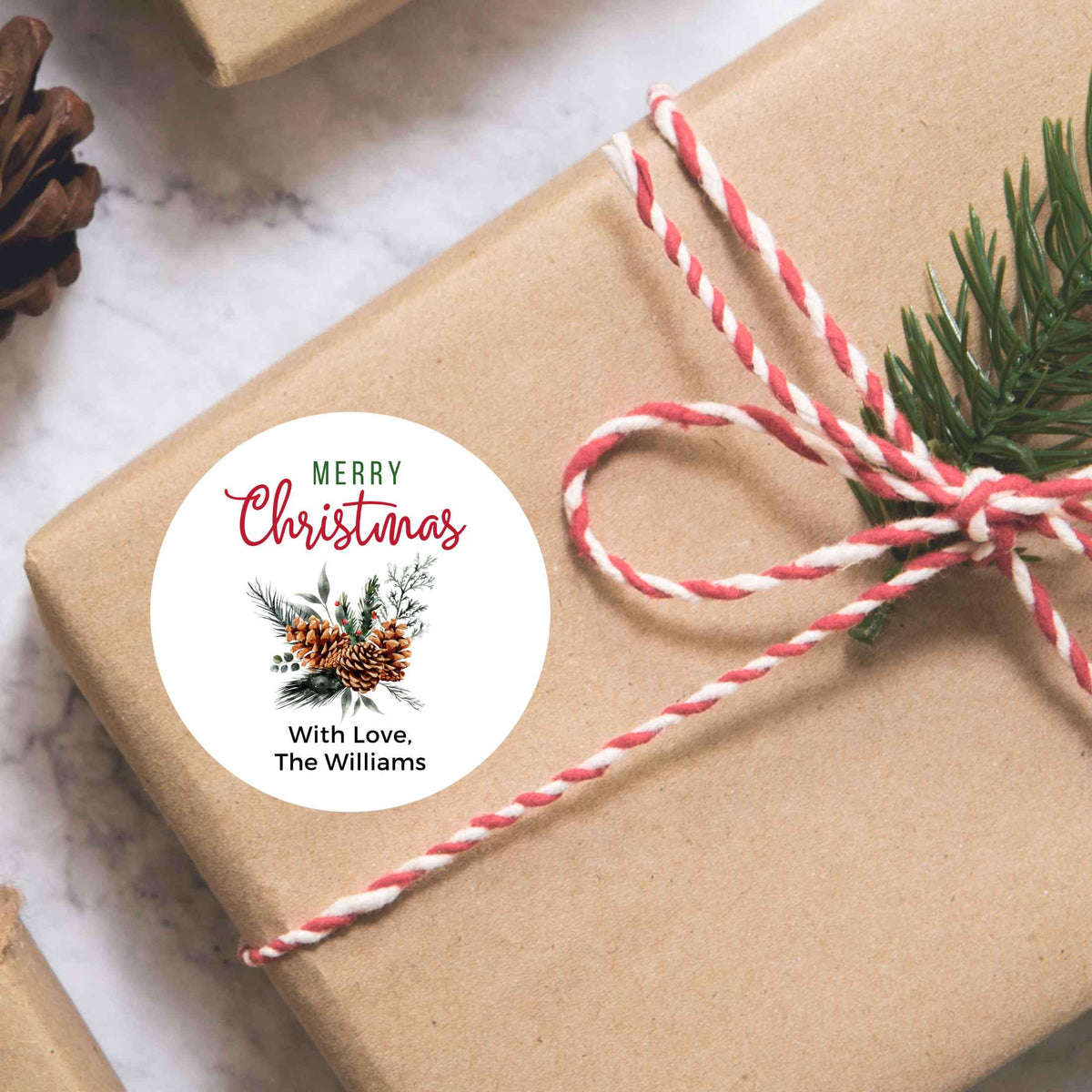 Merry Christmas Evergreen Pinecones Personalized Stickers, Custom Happy Holidays Name Labels for Gift Wrapping Party Favors