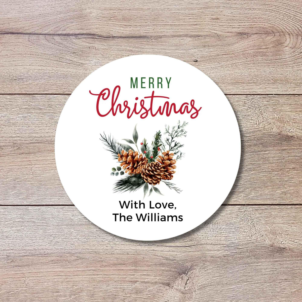 Merry Christmas Evergreen Pinecones Personalized Stickers, Custom Happy Holidays Name Labels for Gift Wrapping Party Favors
