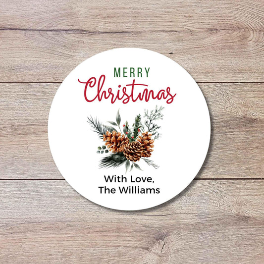Merry Christmas Evergreen Pinecones Personalized Stickers, Custom Happy Holidays Name Labels for Gift Wrapping Party Favors