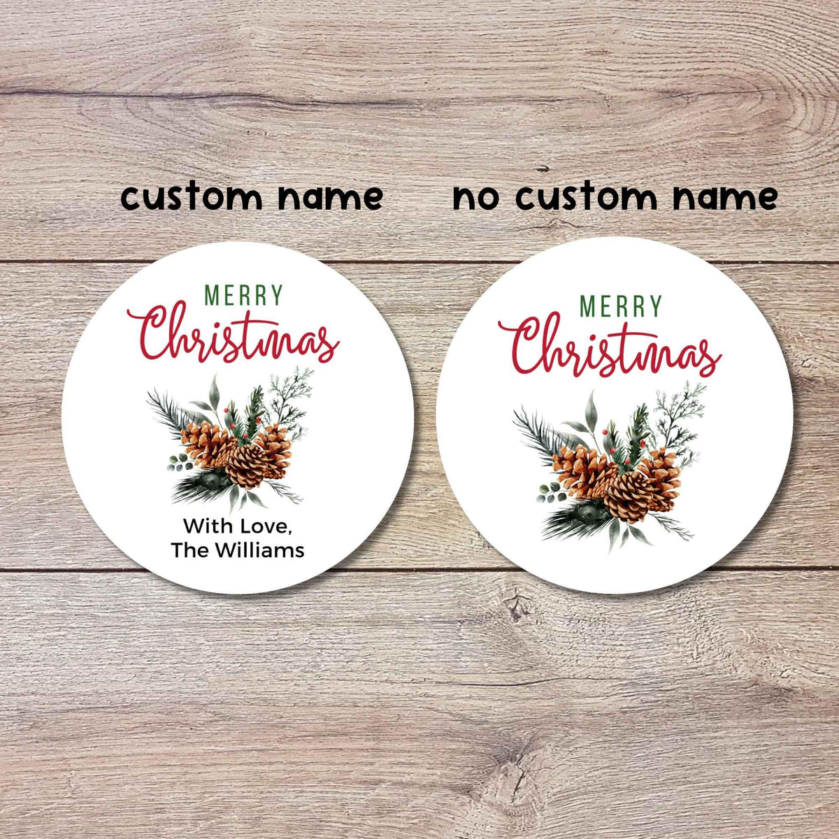 Merry Christmas Evergreen Pinecones Personalized Stickers, Custom Happy Holidays Name Labels for Gift Wrapping Party Favors