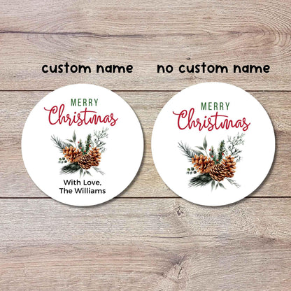 Merry Christmas Evergreen Pinecones Personalized Stickers, Custom Happy Holidays Name Labels for Gift Wrapping Party Favors