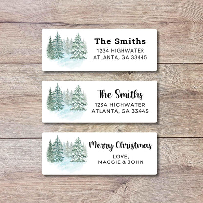 Personalized Green Pine Trees Christmas Return Address Stickers, Custom Holiday Name Gift Bag Labels