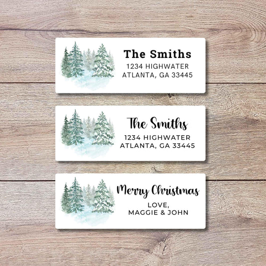 Personalized Green Pine Trees Christmas Return Address Stickers, Custom Holiday Name Gift Bag Labels