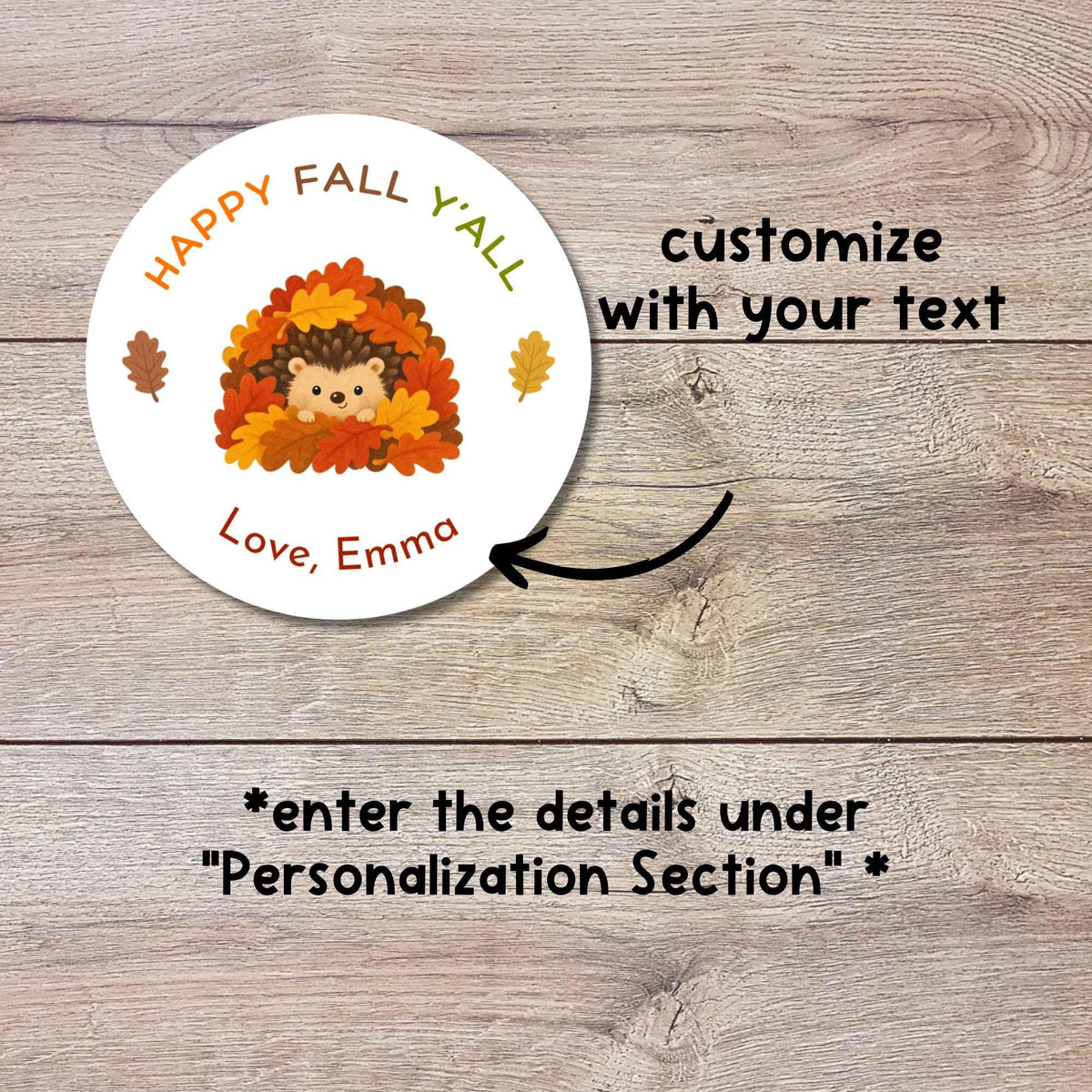 Happy Fall Y'all Hedgehog Personalized Stickers, Custom Fall Thanksgiving Autumn Thank You Gift Party Favor Invitation Envelope Seal