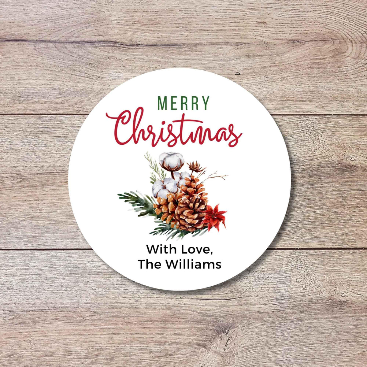 Merry Christmas Evergreen Pinecones Personalized Stickers, Custom Happy Holidays Name Labels for Gift Wrapping Party Favors