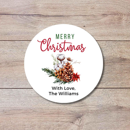 Merry Christmas Evergreen Pinecones Personalized Stickers, Custom Happy Holidays Name Labels for Gift Wrapping Party Favors