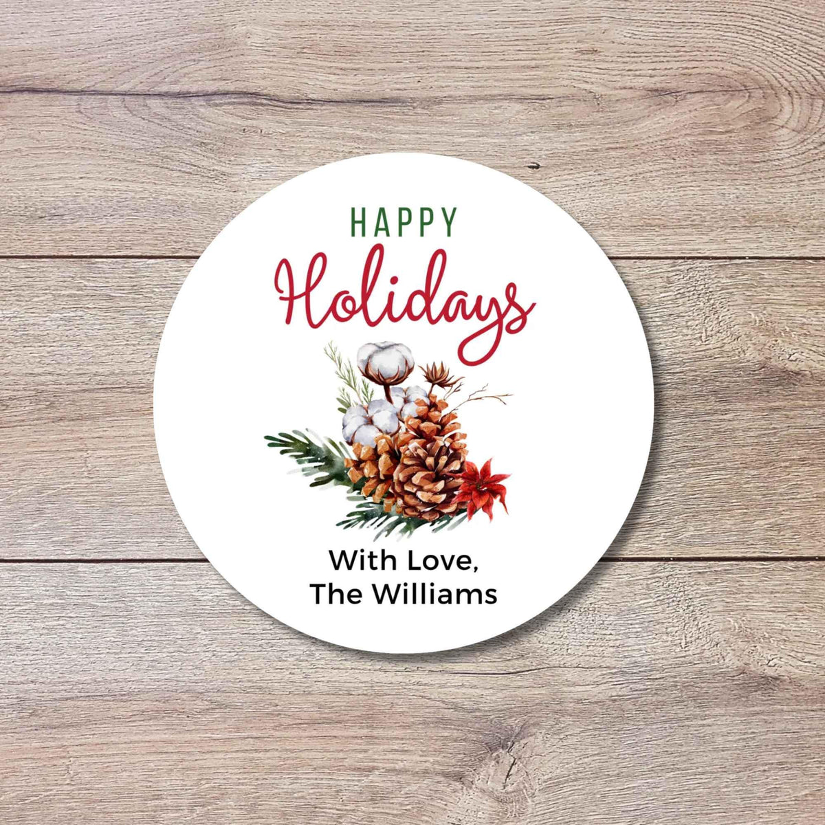 Merry Christmas Evergreen Pinecones Personalized Stickers, Custom Happy Holidays Name Labels for Gift Wrapping Party Favors