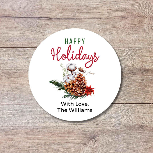 Merry Christmas Evergreen Pinecones Personalized Stickers, Custom Happy Holidays Name Labels for Gift Wrapping Party Favors