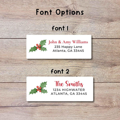 Personalized Holly Berries Christmas Return Address Stickers, Custom Holiday Name Gift Bag Labels