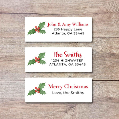 Personalized Holly Berries Christmas Return Address Stickers, Custom Holiday Name Gift Bag Labels